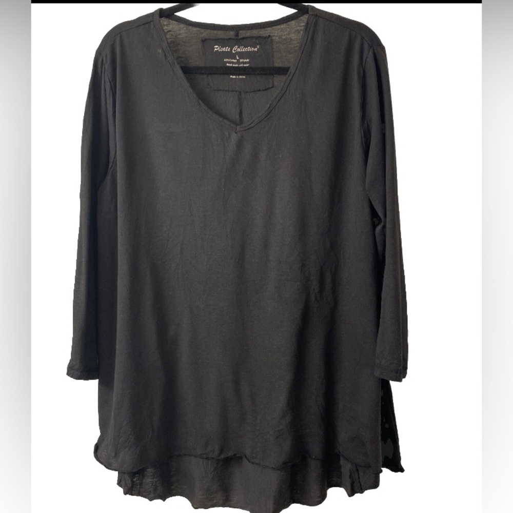 Pleats Collection Cotton Blend Black Long-sleeve Top